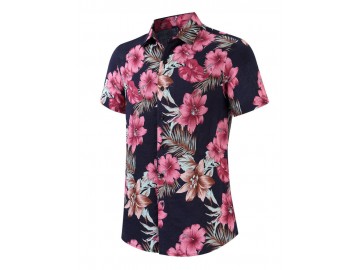 Camisa Floral Masculina - Preto/Vermelho 