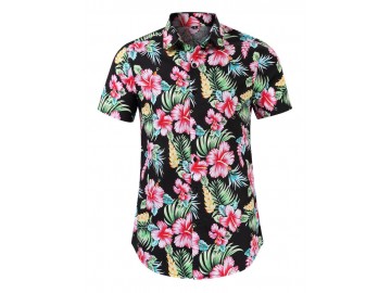 Camisa Floral Masculina - Preto/Vermelho 