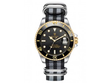 Relógio Tevise T801NL Masculino Automático Pulseira de Nylon - Preto e Dourado 