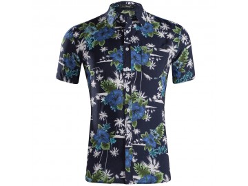 Camisa Estampada Masculina - Floral Azul Escuro 