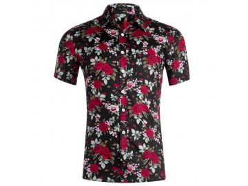 Camisa Estampada Masculina - Floral Preto/Vermelho 