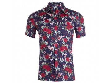 Camisa Estampada Masculina - Floral Azul/Vermelho 