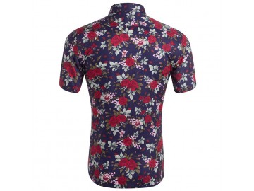 Camisa Estampada Masculina - Floral Azul/Vermelho