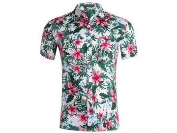 Camisa Estampada Masculina - Floral Verde/Vermelho 