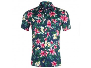 Camisa Estampada Masculina - Floral Azul/Verde/Vermelho 