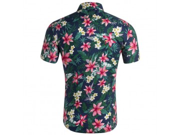 Camisa Estampada Masculina - Floral Azul/Verde/Vermelho