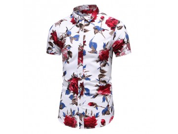 Camisa Floral Masculina - Branco/Vermelho 