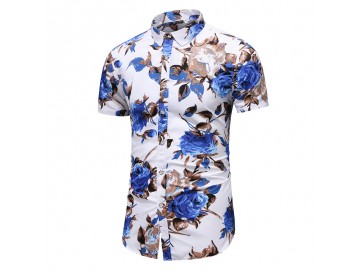 Camisa Floral Masculina - Branco/Azul 