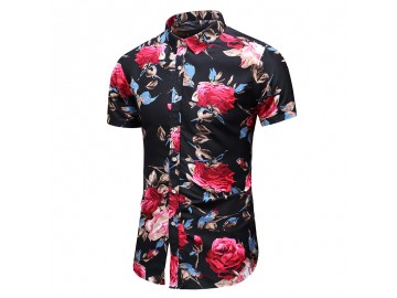 Camisa Floral Masculina - Preto/Vermelho 