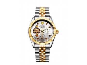 Relógio Tevise 629 Masculino Automático Pulseira de Aço - Branco e Dourado 