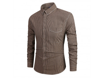 Camisa Masculina Slim Listrada com Bolso Frontal Manga Longa - Marrom 