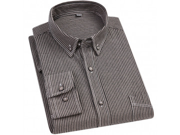 Camisa Masculina Slim Listrada com Bolso Frontal Manga Longa - Marrom