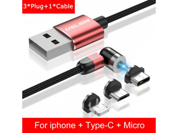 Cabo 3 em 1 Magnético Uslion para Samsung e Iphone Carregamento Ultra Rápido - Vermelho 