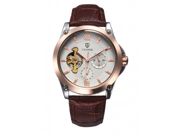 Relógio Tevise 8502 Masculino Automático Pulseira de Couro - Branco e Dourado 