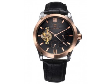 Relógio Tevise 8502 Masculino Automático Pulseira de Couro - Preto e Dourado 