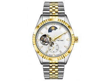 Relógio Tevise T629B Masculino Automático Pulseira de Aço - Branco e Dourado 