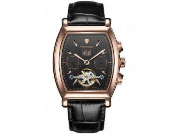 Relógio Tevise 8383B Masculino Automático Pulseira de Couro - Preto e Dourado 