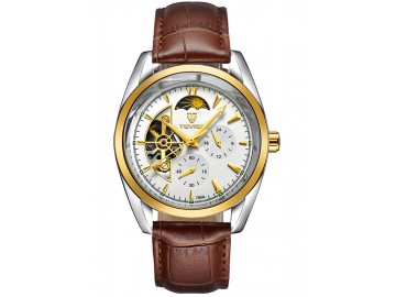 Relógio Tevise 795A Masculino Automático Pulseira de Couro - Branco e Dourado 