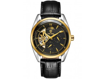 Relógio Tevise 795A Masculino Automático Pulseira de Couro - Preto e Dourado 