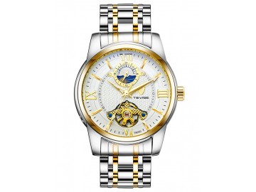 Relógio Tevise T805D Tuo Fly Masculino Automático Pulseira de Aço - Branco e Dourado 