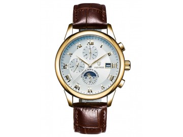 Relógio Tevise 9008 Masculino Automático Pulseira de Couro - Branco e Dourado 