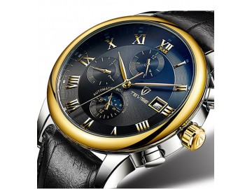 Relógio Tevise 9008 Masculino Automático Pulseira de Couro - Preto e Dourado