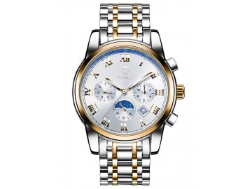 Relógio Tevise 9005 Masculino Automático Pulseira de Aço - Branco e Dourado 