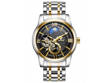 Relógio Tevise T805C Hollow Masculino Automático Pulseira de Aço - Branco e Dourado 