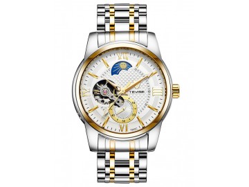 Relógio Tevise T805C Hollow Masculino Automático Pulseira de Aço - Branco e Dourado 