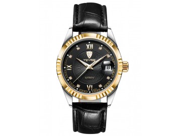 Relógio Tevise 629-003 Masculino Automático Pulseira de Couro Preto - Preto e Dourado 