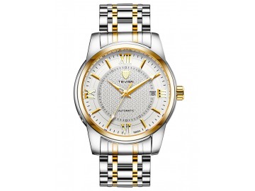 Relógio Tevise T805A Calendar Masculino Automático Pulseira de Aço Inoxidável - Branco e Dourado 