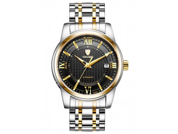 Relógio Tevise T805A Calendar Masculino Automático Pulseira de Aço Inoxidável - Preto e Dourado 