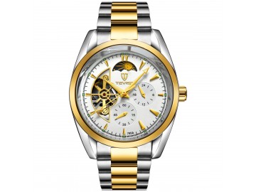 Relógio Tevise 795A Masculino Automático Pulseira de Aço Inoxidável - Branco e Dourado 