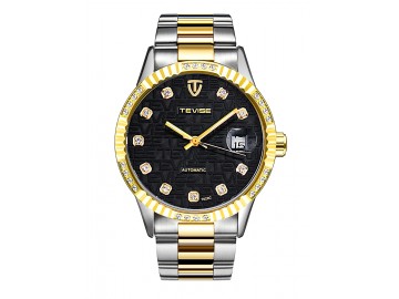 Relógio Tevise T629C Masculino Automático Pulseira de Aço Inoxidável - Preto e Dourado 