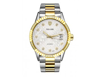 Relógio Tevise T629C Masculino Automático Pulseira de Aço Inoxidável - Branco e Dourado 