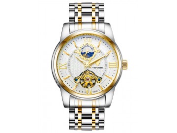 Relógio Tevise T805D Masculino Automático Pulseira de Aço Inoxidável - Branco e Dourado 