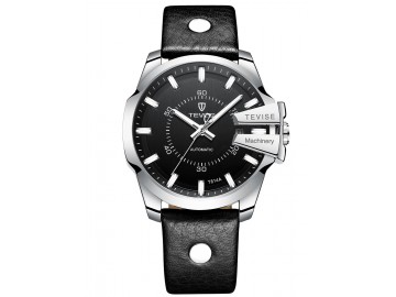 Relógio Tevise T814 Masculino Automático Pulseira de Couro Preto - Preto e Prata 