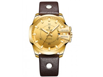 Relógio Tevise T814 Masculino Automático Pulseira de Couro Marrom - Dourado 