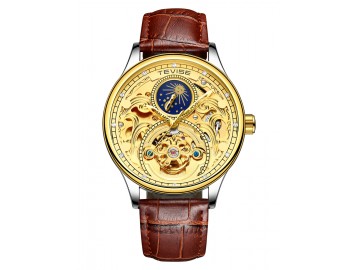 Relógio Tevise T820A Masculino Automático Pulseira de Couro Marrom - Dourado 