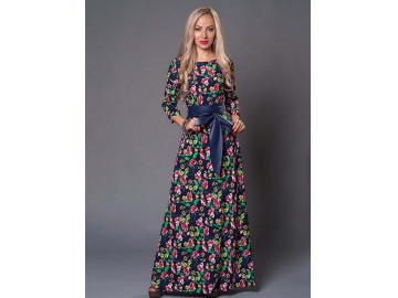 Vestido Longo Floral com Laço - Azul 