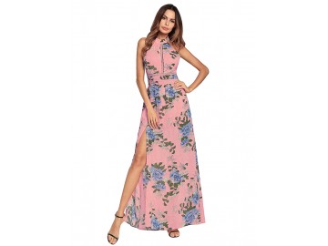 Vestido Longo Floral com Laço nas Costas - Rosa 