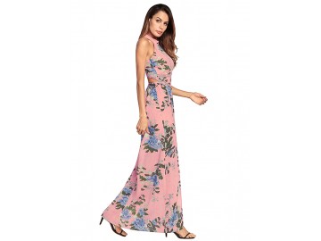 Vestido Longo Floral com Laço nas Costas - Rosa