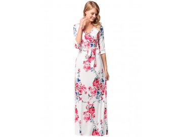 Vestido Longo Floral com com Cinto Manga 3/4 - Branco 