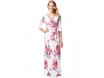 Vestido Longo Floral com com Cinto Manga 3/4 - Branco