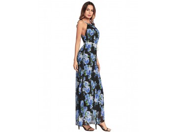 Vestido Longo Floral com com Cinto Sem Mangas - Azul 