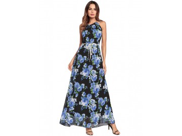 Vestido Longo Floral com com Cinto Sem Mangas - Azul