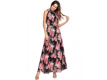 Vestido Longo Floral com com Cinto Sem Mangas - Preto 