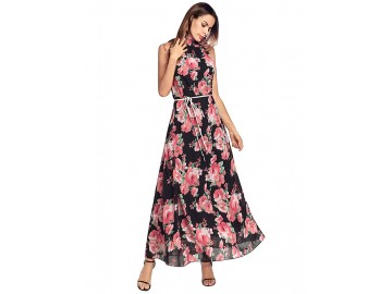 Vestido Longo Floral com com Cinto Sem Mangas - Preto