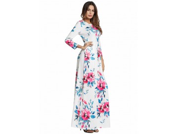 Vestido Longo Floral Manga 3/4 - Branco 