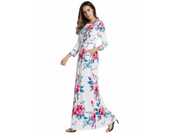 Vestido Longo Floral Manga 3/4 - Branco